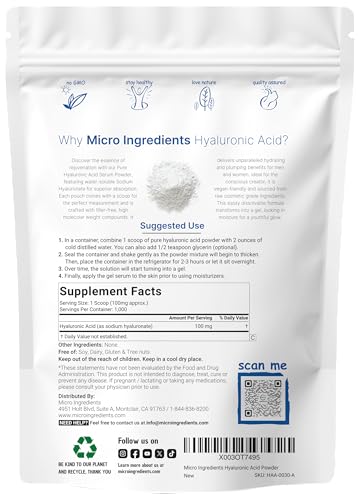 Micro Ingredients Hyaluronic Acid Serum Powder, 100 Grams - Image 2